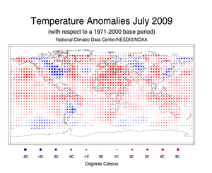 July's Blended Land and Sea Surface Temperature Anomalies in degrees Celsius
