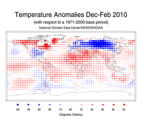 December 2009 - February 2010 Blended Land and Sea Surface Temperature Anomalies in degrees Celsius