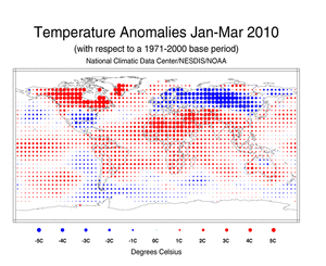 January-March 2010 Blended Land and Ocean Surface Temperature Anomalies in degree Celsius