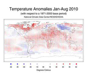 January-August 2010 Blended Land and Ocean Surface Temperature Anomalies in degree Celsius