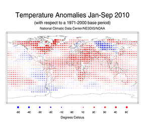 January-September 2010 Blended Land and Ocean Surface Temperature Anomalies in degree Celsius