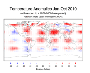 January-October 2010 Blended Land and Ocean Surface Temperature Anomalies in degree Celsius