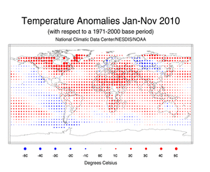 September–November 2010 Blended Land and Sea Surface Temperature Anomalies in degrees Celsius