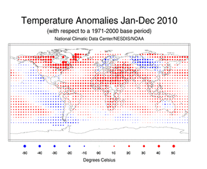 January–December 2010 Blended Land and Sea Surface Temperature Anomalies in degrees Celsius