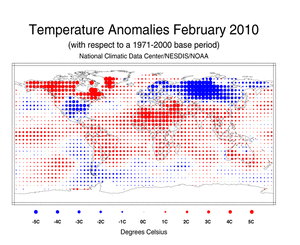 February Blended Land and Sea Surface Temperature Anomalies in degrees Celsius