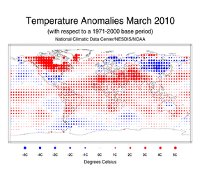 March Blended Land and Sea Surface Temperature Anomalies in degrees Celsius