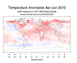 April–June Blended Land and Sea Surface Temperature Anomalies in degrees Celsius