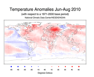 June–August 2010 Blended Land and Sea Surface Temperature Anomalies in degrees Celsius