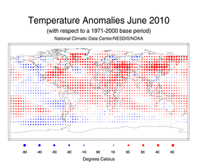 June Blended Land and Sea Surface Temperature Anomalies in degrees Celsius