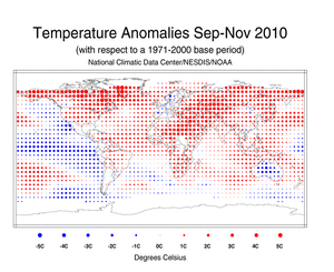 September–November 2010 Blended Land and Sea Surface Temperature Anomalies in degrees Celsius