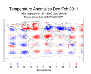 December 2010 – February 2011 Blended Land and Sea Surface Temperature Anomalies in degrees Celsius