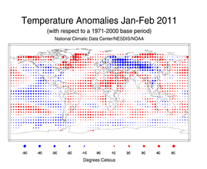 January–February 2011 Blended Land and Ocean Surface Temperature Anomalies in degree Celsius