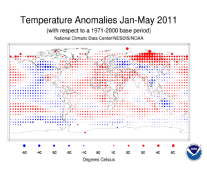 January–May 2011 Blended Land and Ocean Surface Temperature Anomalies in degree Celsius