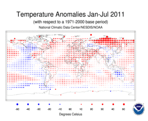 January-July 2011 Blended Land and Ocean Surface Temperature Anomalies in degree Celsius