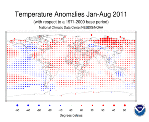 January-August 2011 Blended Land and Ocean Surface Temperature Anomalies in degree Celsius