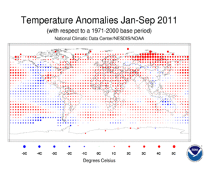 January-September 2011 Blended Land and Ocean Surface Temperature Anomalies in degree Celsius
