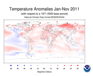 September–November 2011 Blended Land and Sea Surface Temperature Anomalies in degrees Celsius