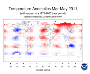 March 2011 - May 2011 Blended Land and Sea Surface Temperature Anomalies in degrees Celsius