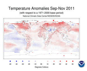 September–November 2011 Blended Land and Sea Surface Temperature Anomalies in degrees Celsius