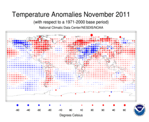 November Blended Land and Sea Surface Temperature Anomalies in degrees Celsius