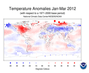 January–March 2012 Blended Land and Sea Surface Temperature Anomalies in degrees Celsius