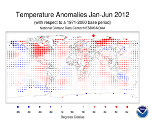 January–June 2012 Blended Land and Ocean Surface Temperature Anomalies in degree Celsius