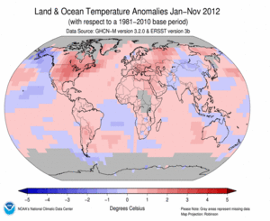 January–November Blended Land and Sea Surface Temperature Anomalies in degrees Celsius