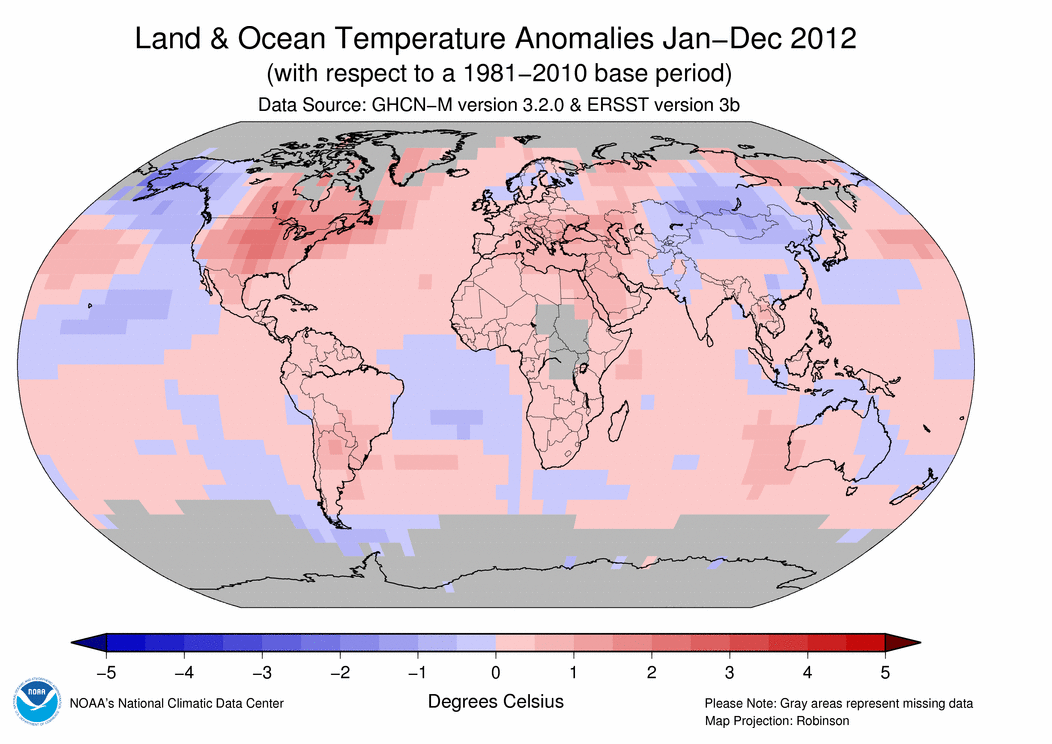 January–December 2012 Blended Land and Sea Surface Temperature Anomalies