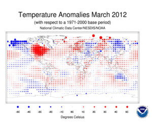 March 2012 Blended Land and Sea Surface Temperature Anomalies in degrees Celsius