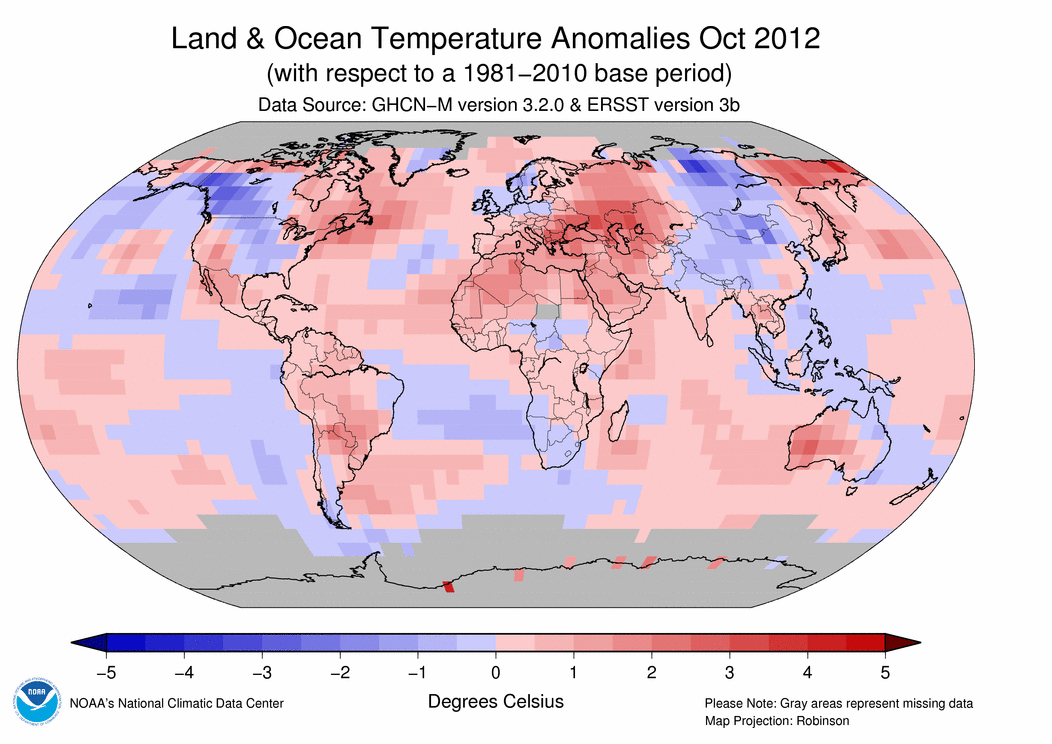 October 2012 Blended Land and Sea Surface Temperature Anomalies