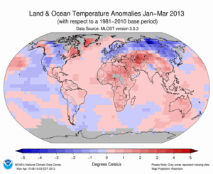 January–March Blended Land and Sea Surface Temperature Anomalies in degrees Celsius