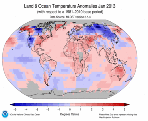 January Blended Land and Sea Surface Temperature Anomalies in degrees Celsius