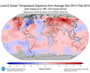 December 2014–February Blended Land and Sea Surface Temperature Anomalies in degrees Celsius