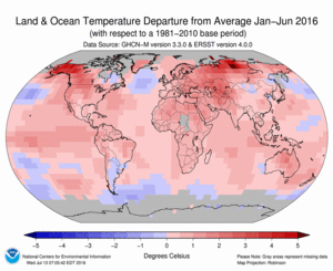 January-June Blended Land and Sea Surface Temperature Anomalies in degrees Celsius
