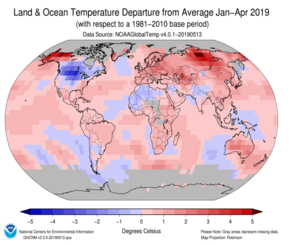 January-April Blended Land and Sea Surface Temperature Anomalies in degrees Celsius