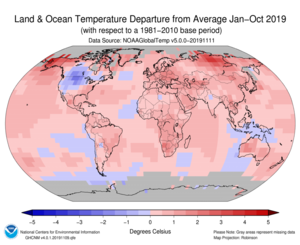 January–October Blended Land and Sea Surface Temperature Anomalies in degrees Celsius