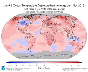 January–November Blended Land and Sea Surface Temperature Anomalies in degrees Celsius