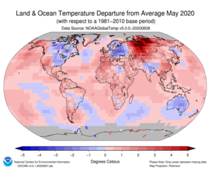 May Blended Land and Sea Surface Temperature Anomalies in degrees Celsius