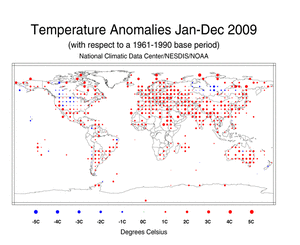 January-December 2009 Land Surface Temperature Anomalies in degree Celsius
