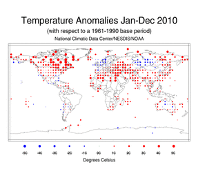 January–December 2010 Land Surface Temperature Anomalies in degree Celsius
