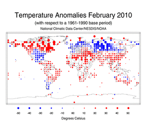 February 2010 Land Surface Temperature Anomalies in degree Celsius