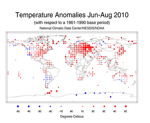 June–August 2010 Land Surface Temperature Anomalies in degree Celsius
