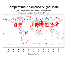 August 2010 Land Surface Temperature Anomalies in degree Celsius