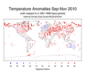 September–November 2010 Land Surface Temperature Anomalies in degree Celsius