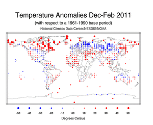 December 2010 – February 2011 Land Surface Temperature Anomalies in degree Celsius