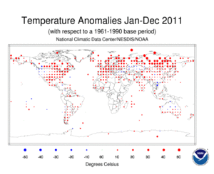 January–December 2011 Land Surface Temperature Anomalies in degree Celsius