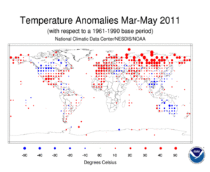 March 2011 - May 2011 Land Surface Temperature Anomalies in degree Celsius
