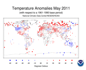 May 2011 Land Surface Temperature Anomalies in degree Celsius