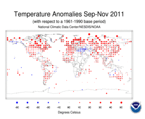 September–November 2011 Land Surface Temperature Anomalies in degree Celsius