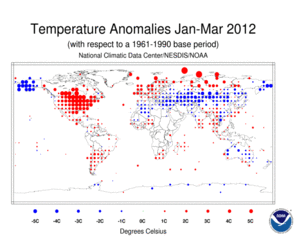 January–March 2012 Land Surface Temperature Anomalies in degree Celsius
